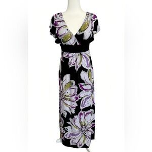 Dressbarn Maxi Dress 6 Black Purple Floral Print Empire Waist Flutter Sleeve